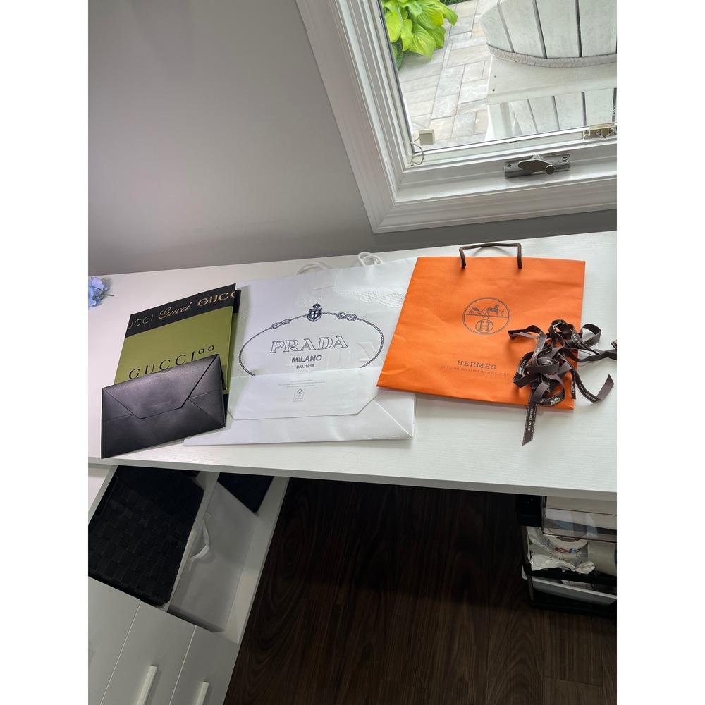 Lot of 3 Hermes‎ Prada Gucci 100 Designer Shopping Bag Bundle w Hermes Ribbon